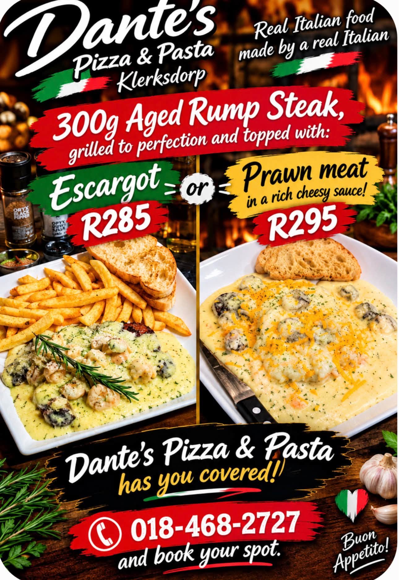 Experience authentic Italian culinary excellence right here in Klerksdorp! Dante’s Pizza & Pasta