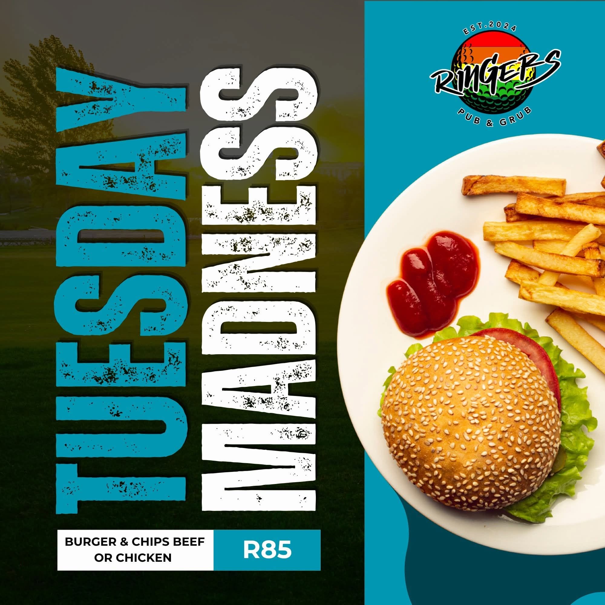 Tuesday Madness: Burger & Chips (beef or chicken) for R85