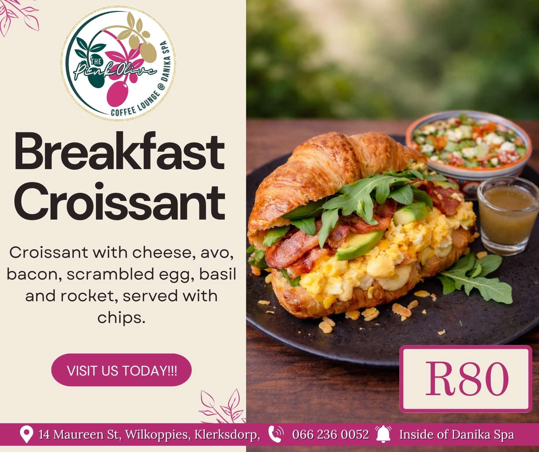 Breakfast Croissant (cheese, avo, bacon, scrambled egg, basil & rocket) with chips for R80