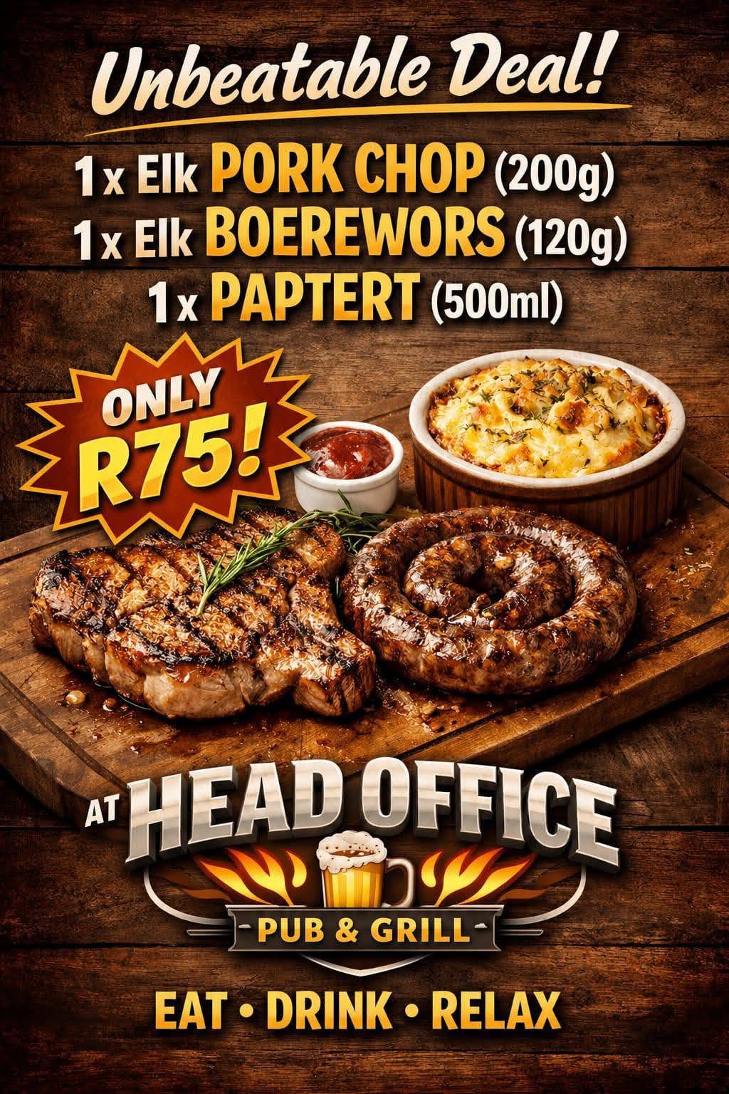 Tuesday special: Pork chop (200g) + boerewors (120g) + paptert (500ml) for R75