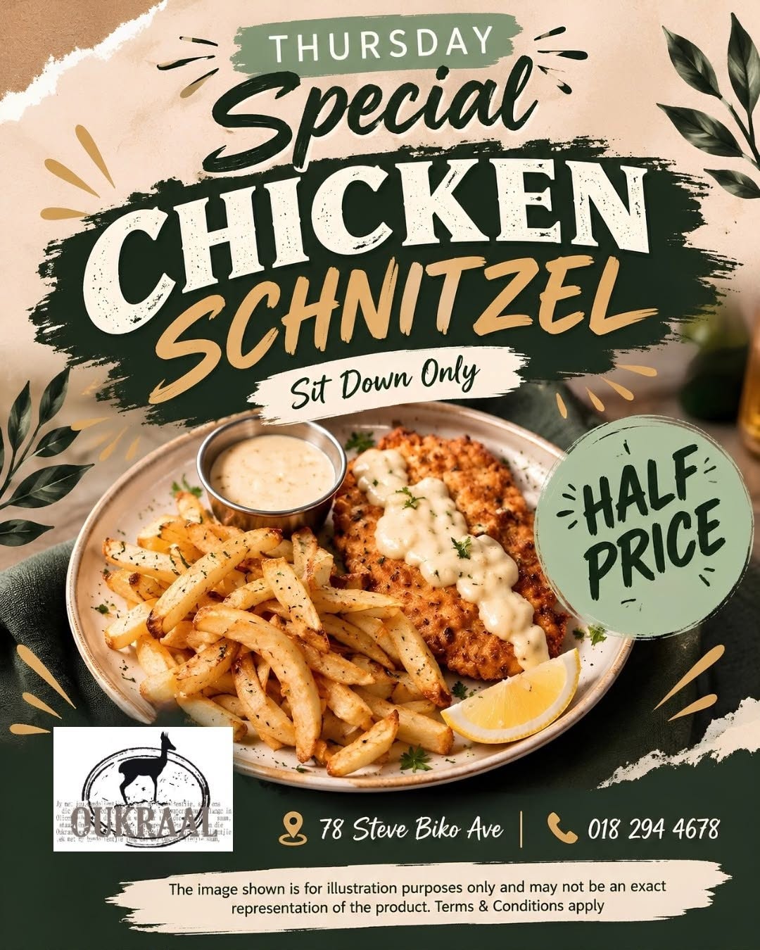 Thursday Special: Chicken Schnitzel with cheese sauce & chips at half price (sit-down only)
