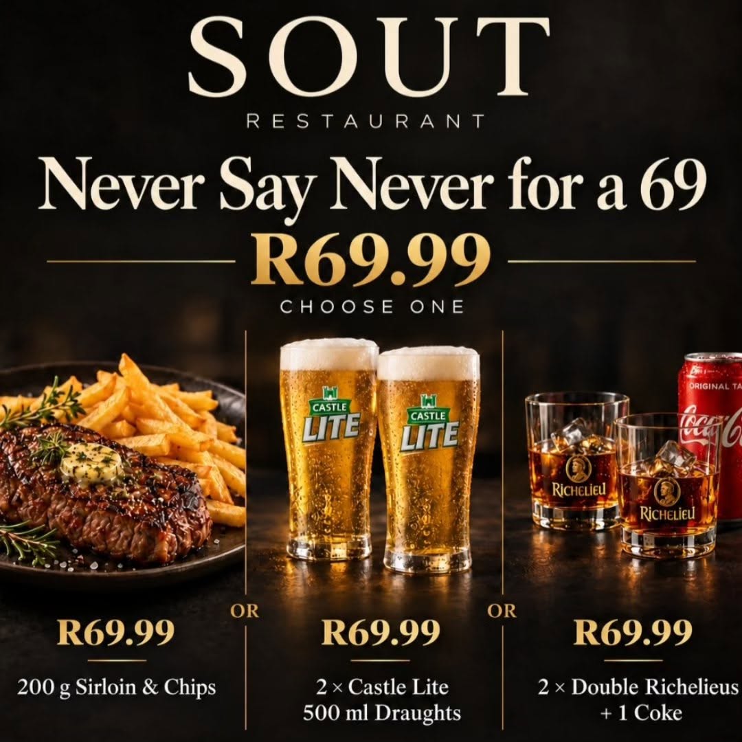 Never Say Never for a 69: 200g Sirloin & Chips, 2 x Castle Lite 500ml draughts, or 2 x Double Richelieu + 1 Coke for R69.99