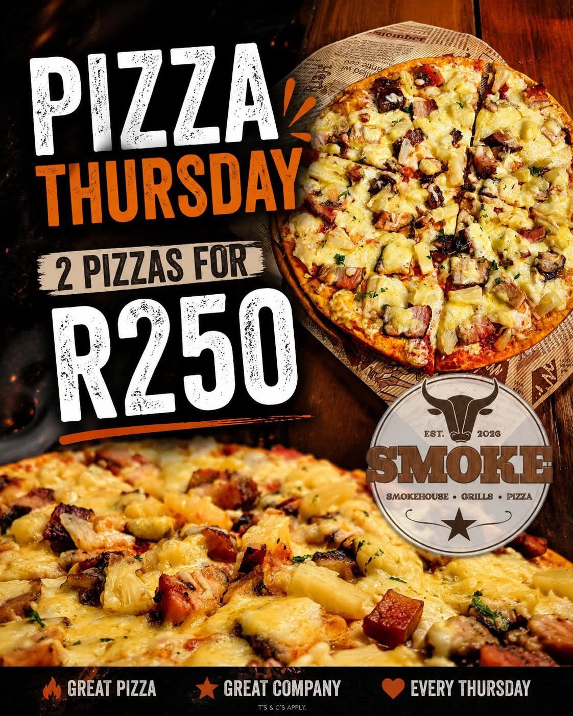 Pizza Thursday: any TWO pizzas from the menu for R250