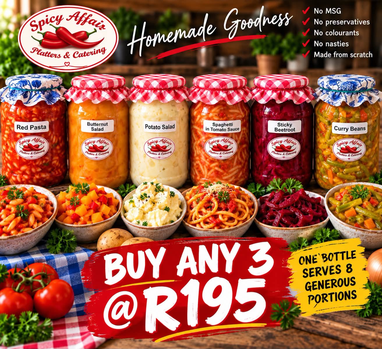 Festive side dishes: buy any 3 bottles for R195 (red pasta, butternut, potato salad, spaghetti, beetroot & more)