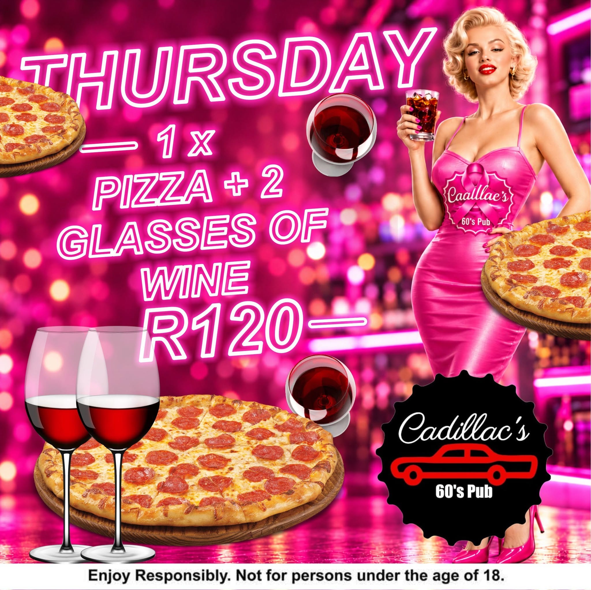 Donderdag Pizza Evening: 1x pizza + 2 glasses of wine for R120