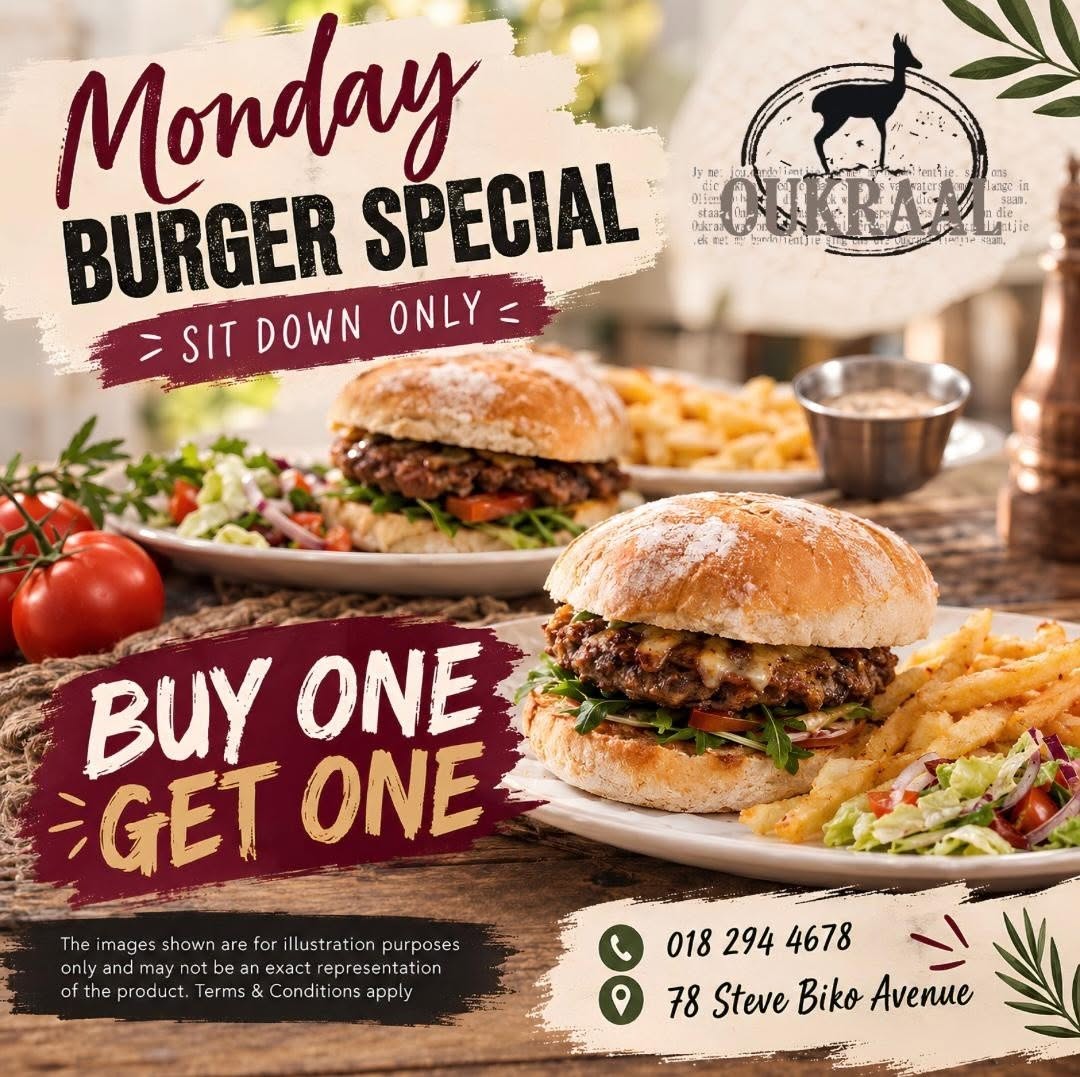 Monday Burger Special: Buy One Get One free (beef, chicken or rib burger, sit-down only)