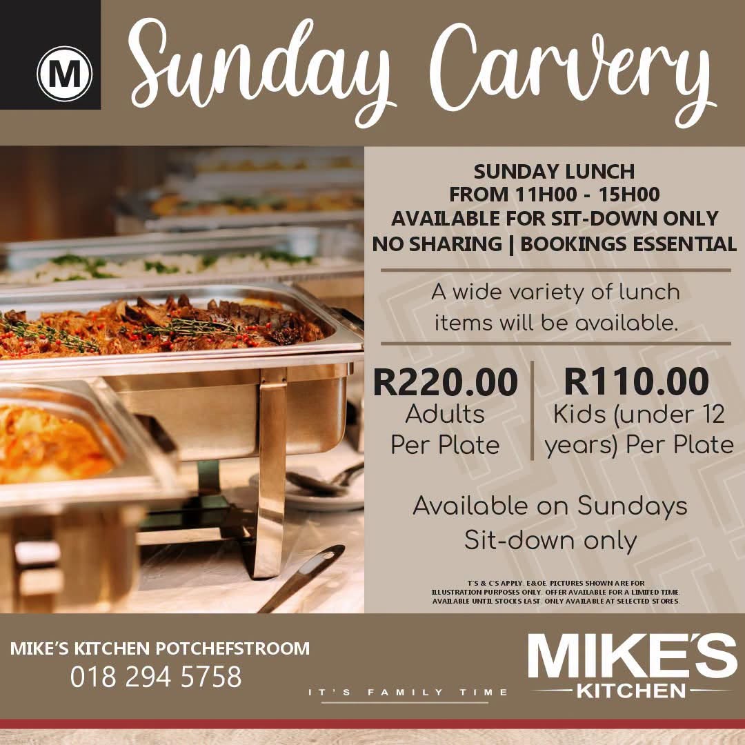 Sunday Carvery: adults R220, children under 12 R110 (Sundays 11:00–15:00, sit-down only)