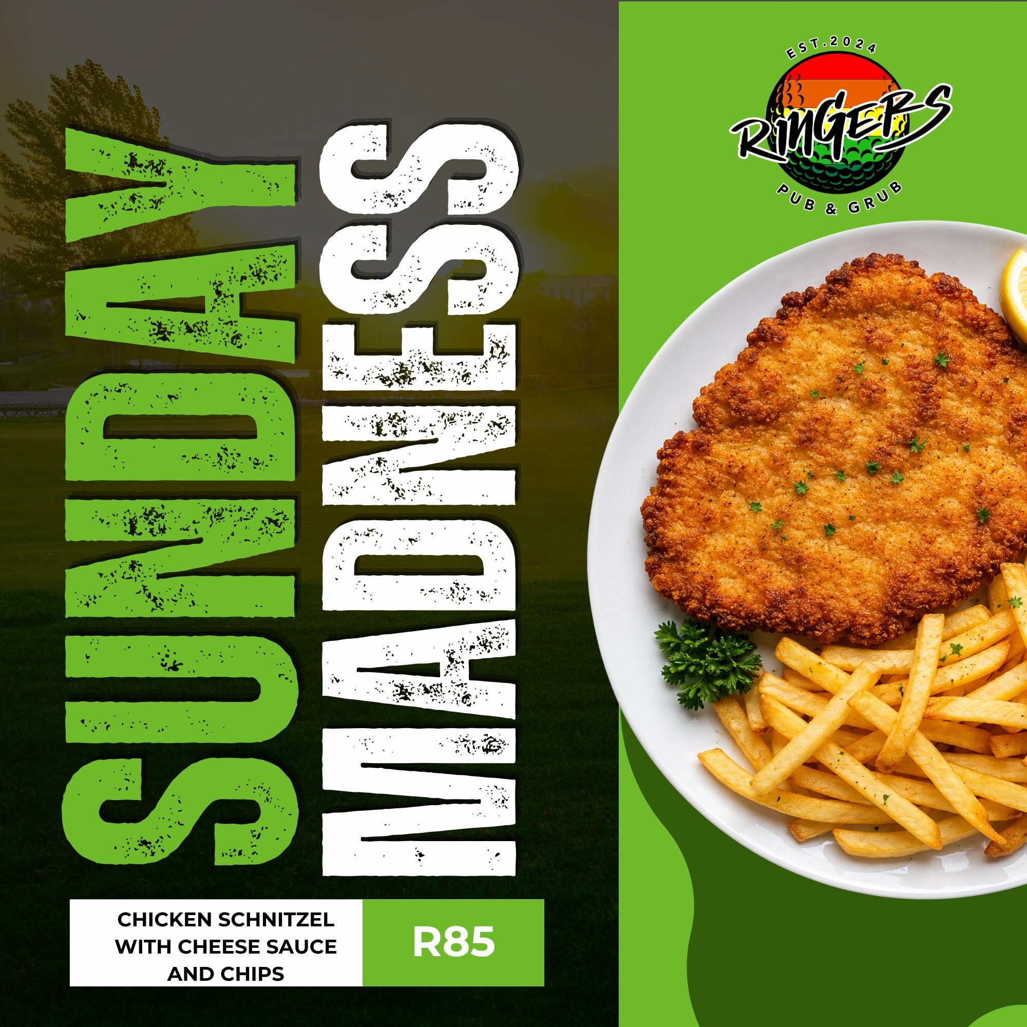 Sunday Schnitzel Special: chicken schnitzel with cheese sauce and chips for R85