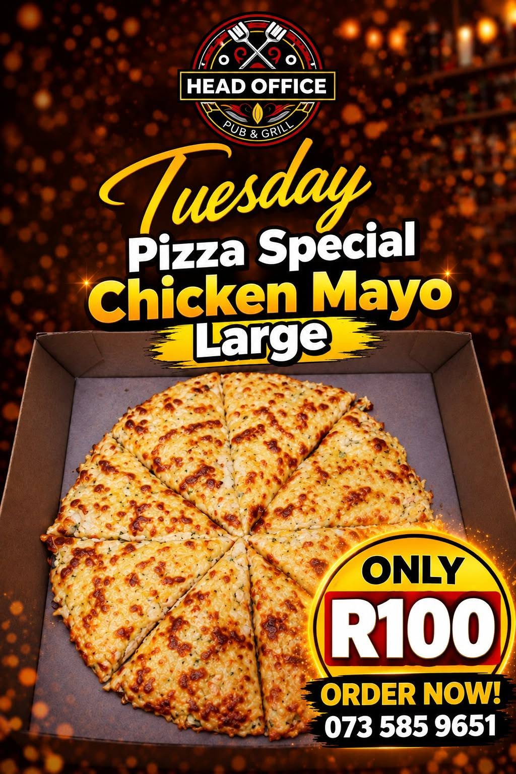 Tuesday Pizza Special: Large Chicken Mayo pizza for R100
