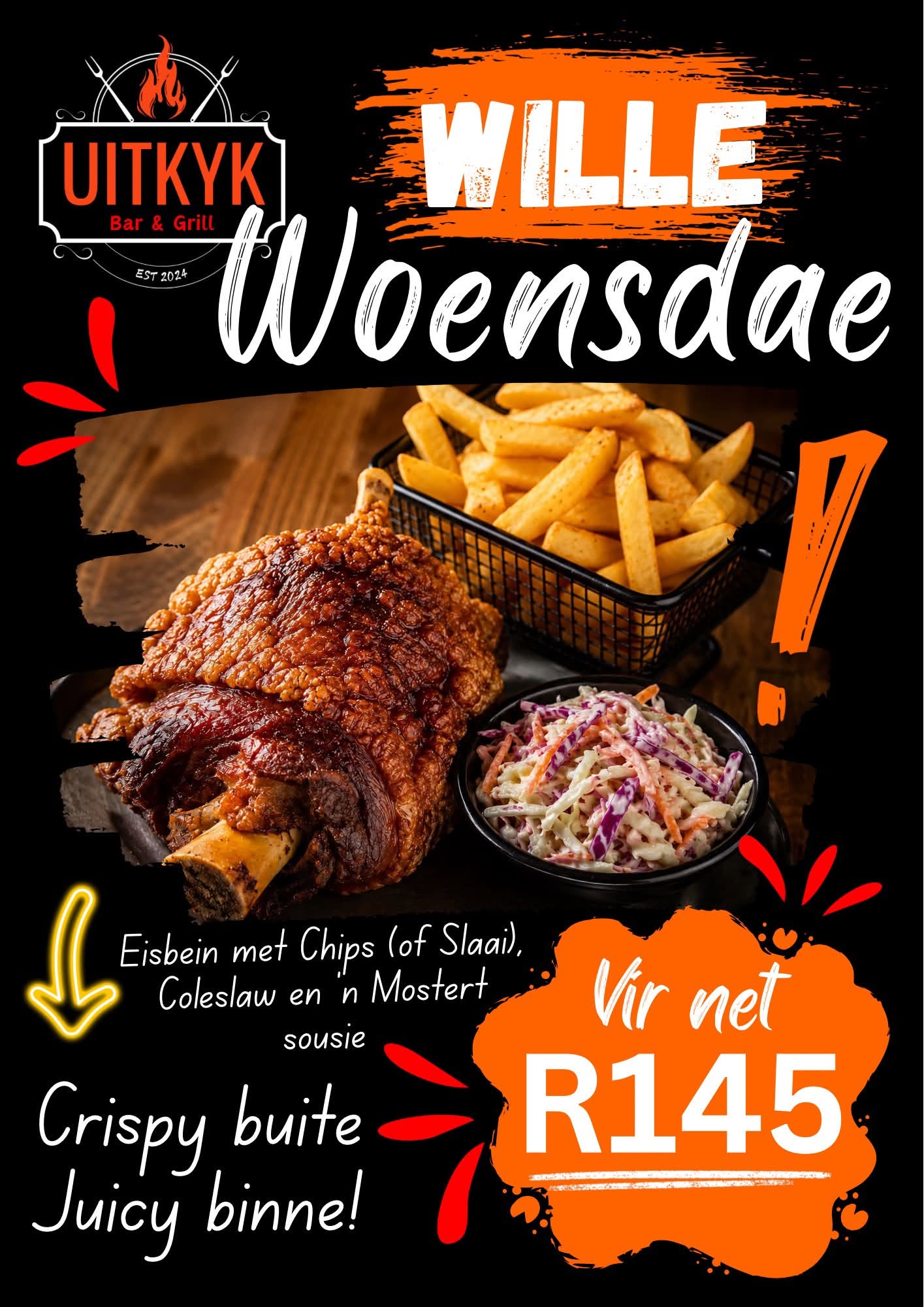 Eisbein Special: crispy eisbein, chips, coleslaw & mustard sauce for R145