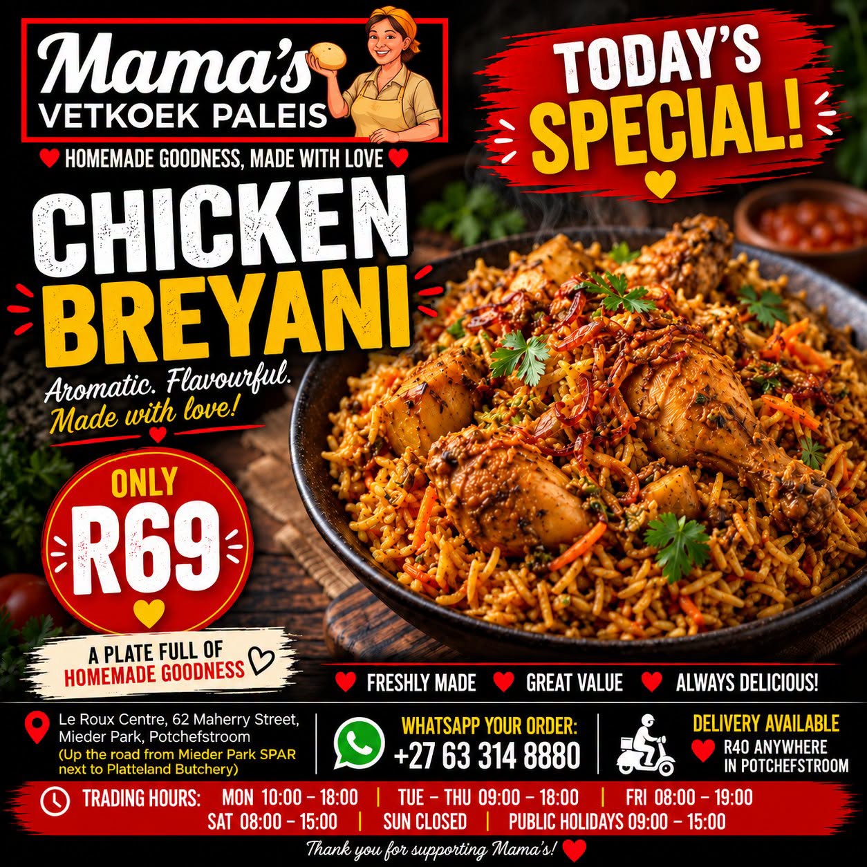 Tuesday specials: Chicken Breyani, Spaghetti Bolognaise or Chicken Stew with Yellow Rice — R69 each