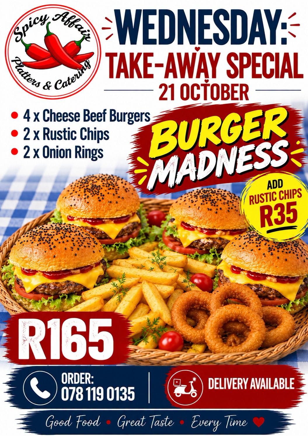 Burger Madness: 4 cheesy beef burgers, 2 rustic chips & 2 onion rings for R165