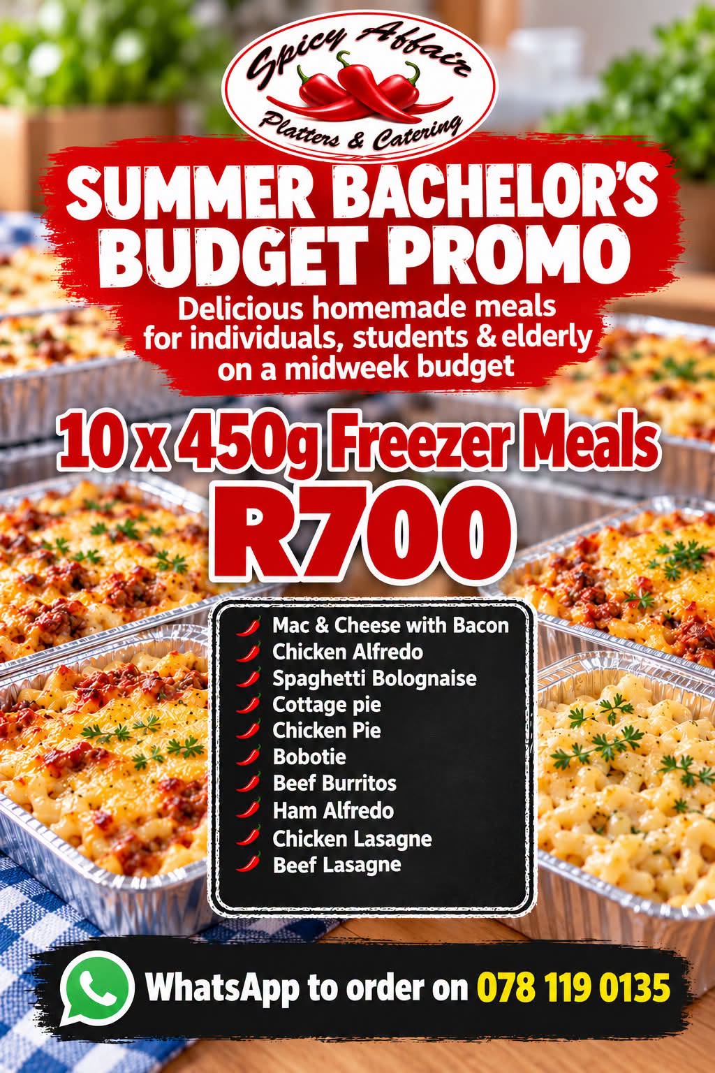 10 x 450g homemade freezer meals for R700 (R70 per meal)