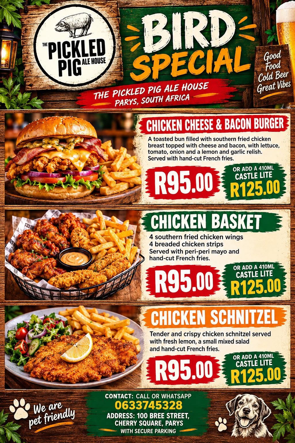 Bird Special: Chicken Cheese & Bacon Burger, Chicken Basket or Chicken Schnitzel for R95 (R125 with a 410ml Castle Lite)