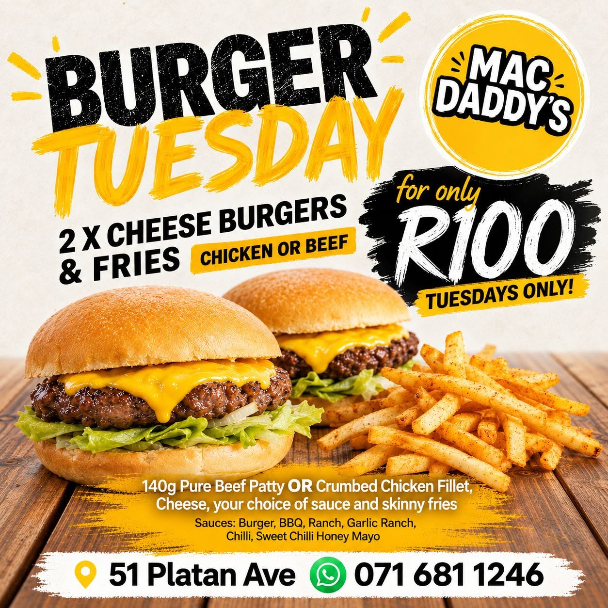 2 Cheese Burgers with fries for R100