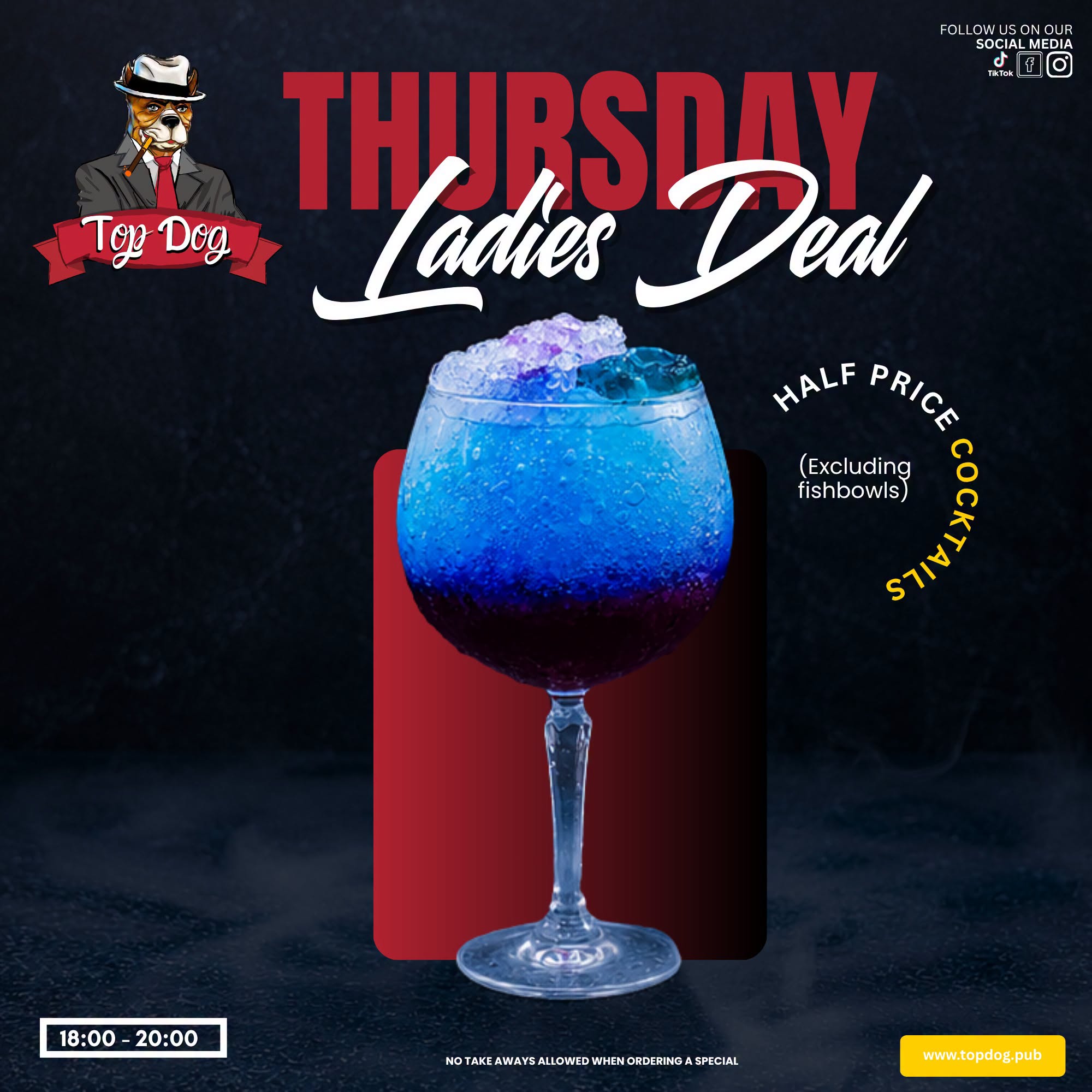 Ladies Night: half price cocktails every Thursday 18:00–20:00 (excluding fish bowls)