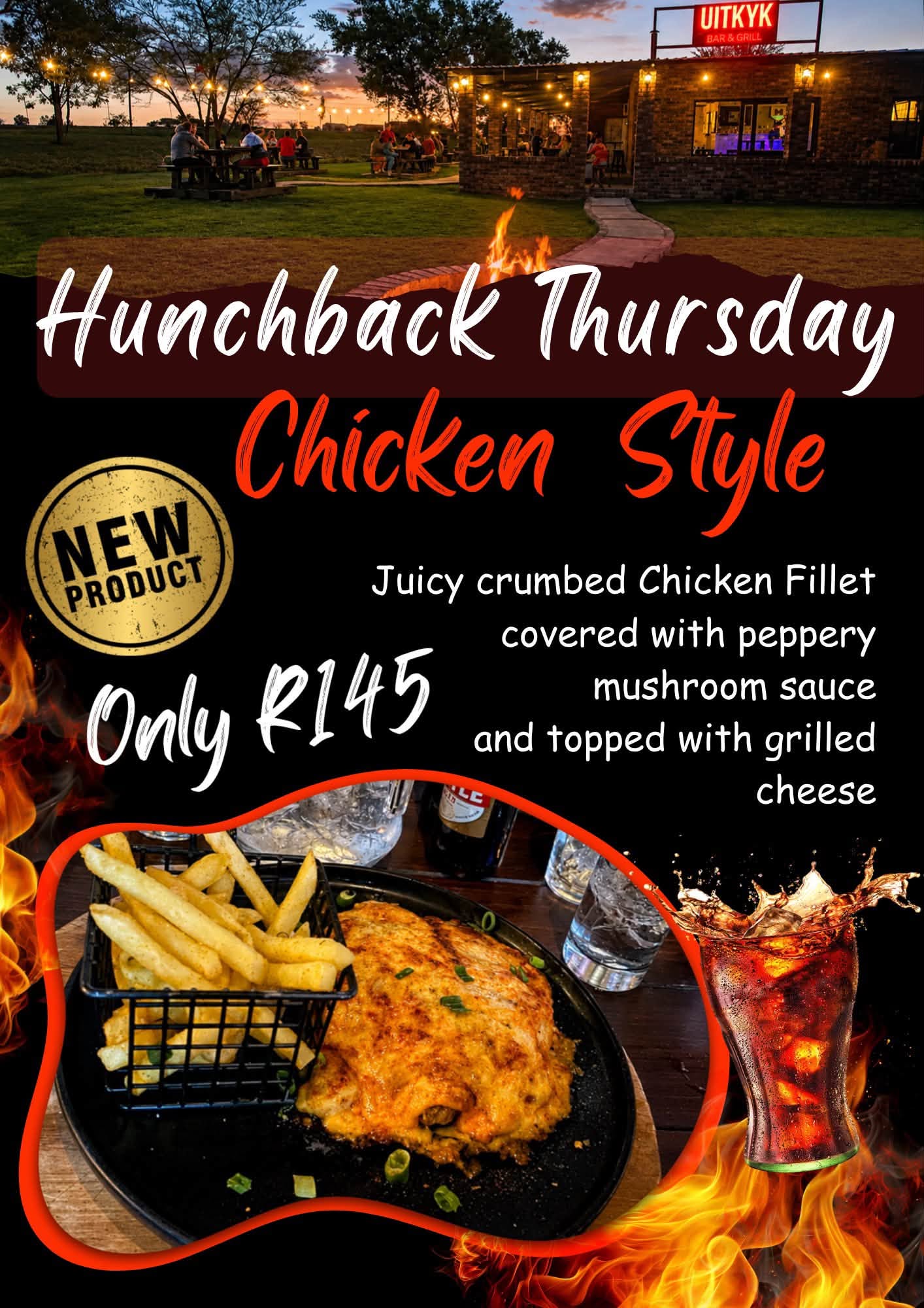Hunchback Thursday: crumbed chicken fillet with peppery mushroom sauce and grilled cheese for R145