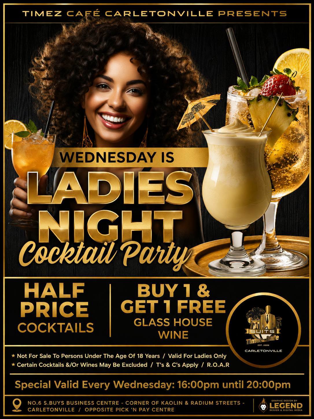 Wednesday Ladies Night: half price cocktails + buy 1 get 1 free Glass House wine (16:00–20:00)