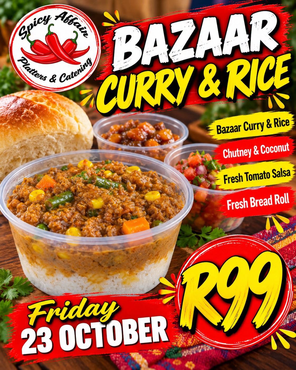 Friday Bazaar Special: Bazaar Curry Rice with chutney, coconut, fresh tomato salsa & a bread roll for R99