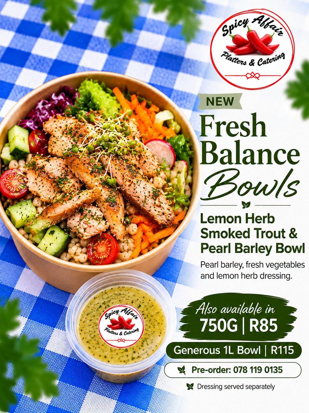 New Lemon Herb Smoked Trout & Pearl Barley Balance Bowl: 750g R85, 1L R115