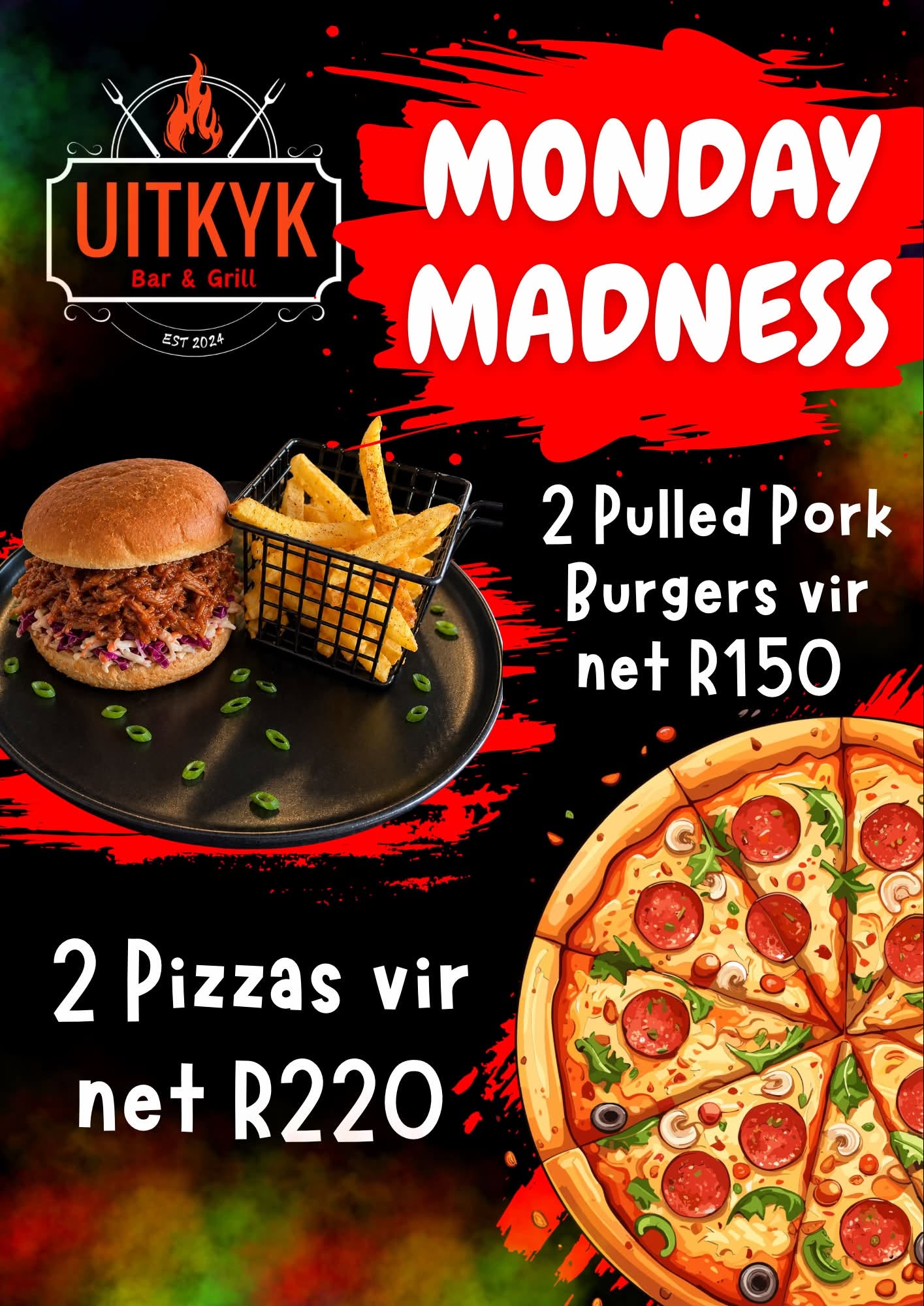 Monday Madness: 2 x Pulled Pork Burgers for R150 or 2 x Pizzas for R220
