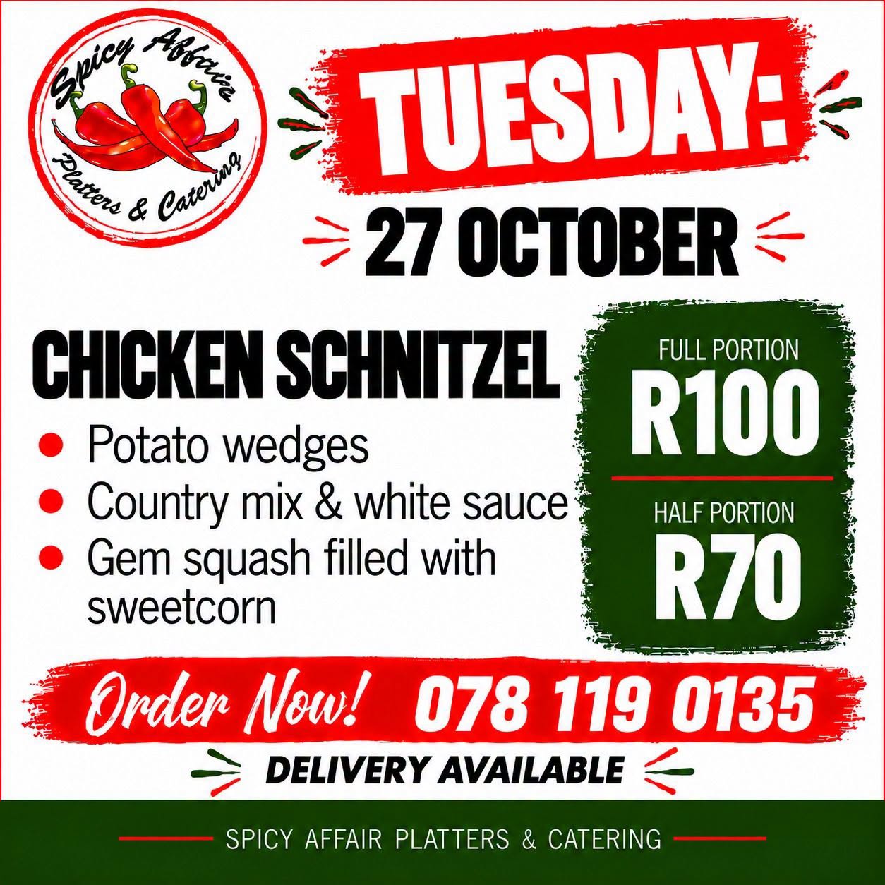 Tuesday Comfort Food Special: chicken schnitzel with potato wedges, country mix in white sauce & stuffed gem squash — full portion R100, half portion R70