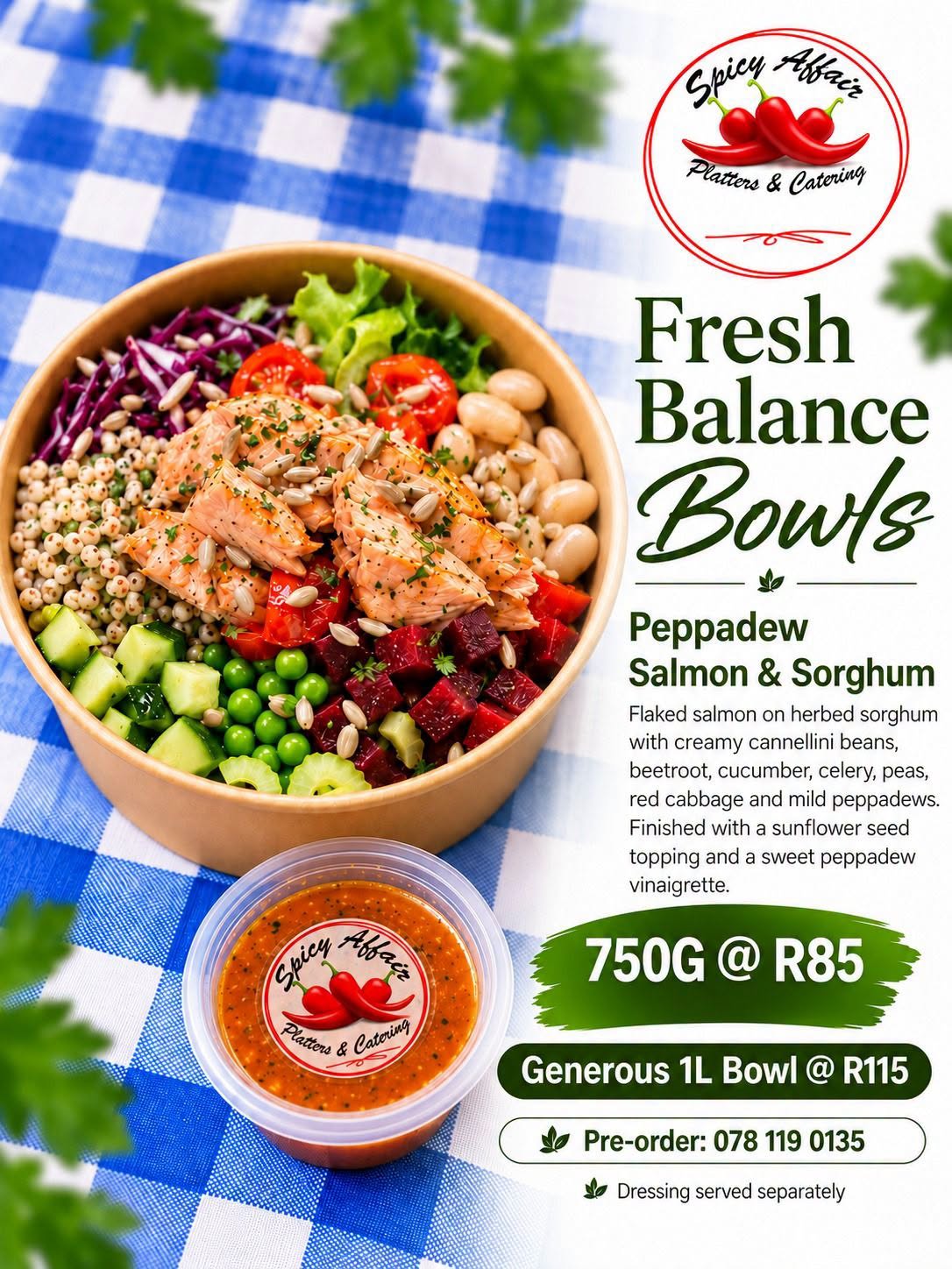 Peppadew Salmon & Sorghum Balance Bowl: 750g R85, 1L R115