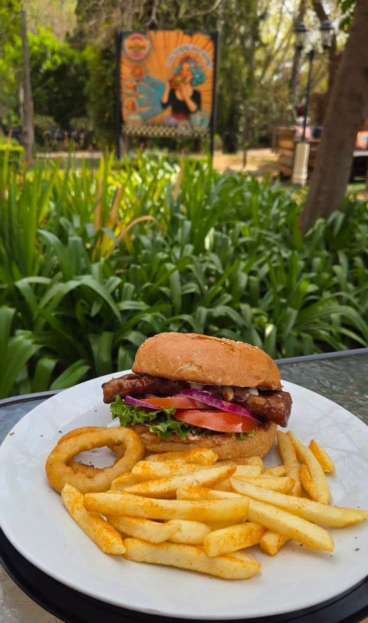 Ribburger with chips and onion rings for R75