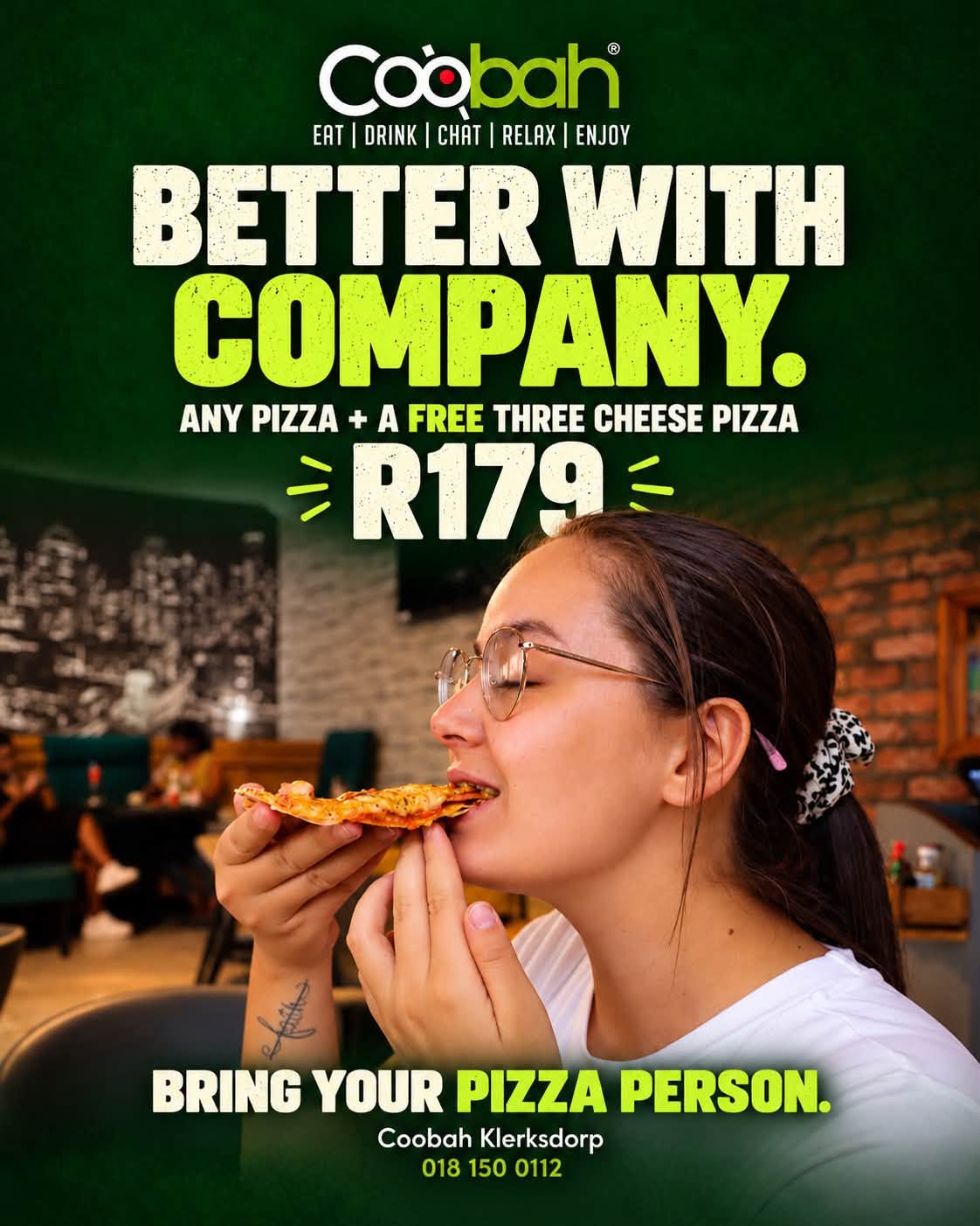Tuesday pizza deal: buy any pizza for R179 and get a Three Cheese Pizza free