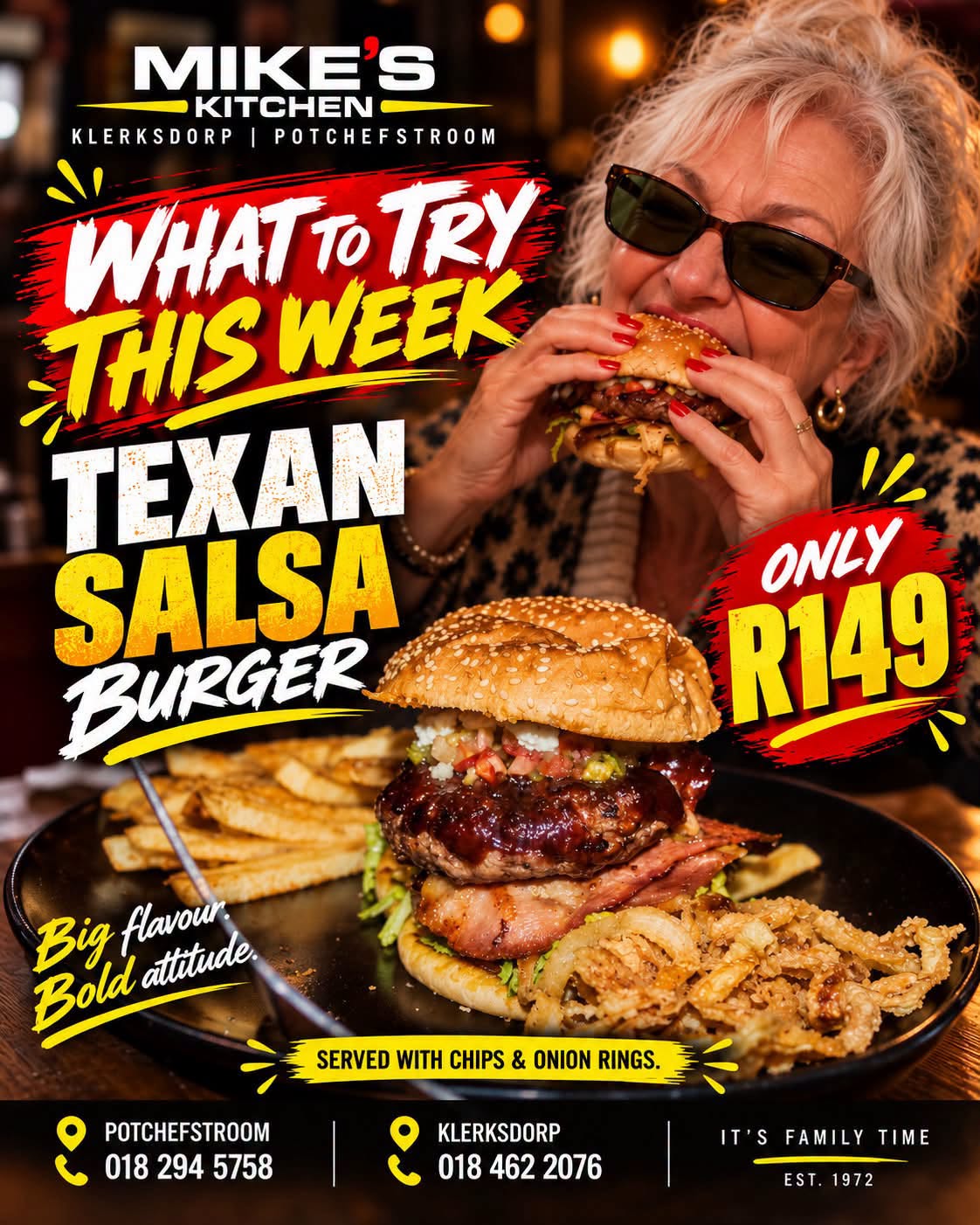 Texan Salsa Burger with chips and onion rings for R149