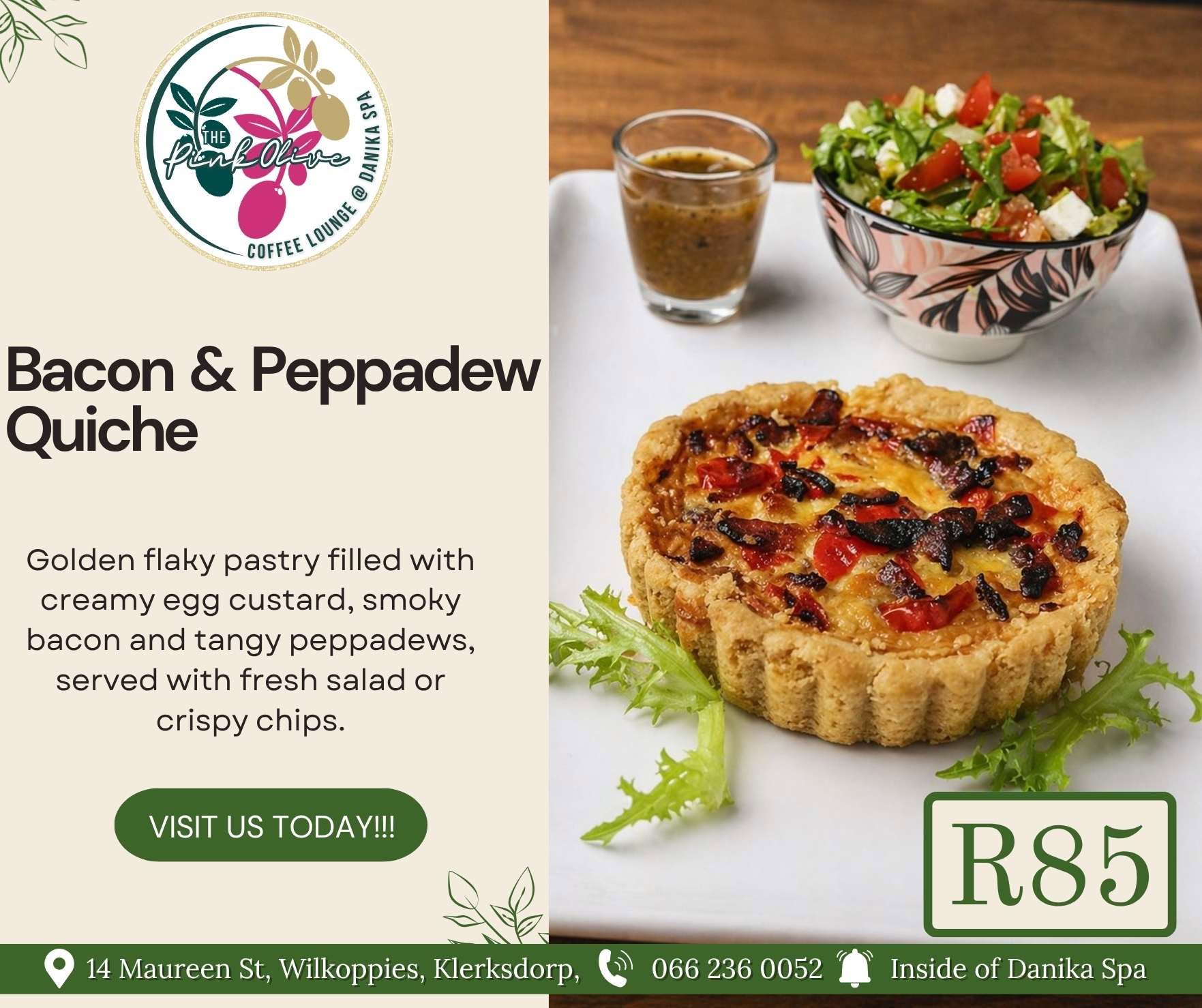 Quiches: Bacon & Peppadew or Biltong & Cream Cheese — R85 each