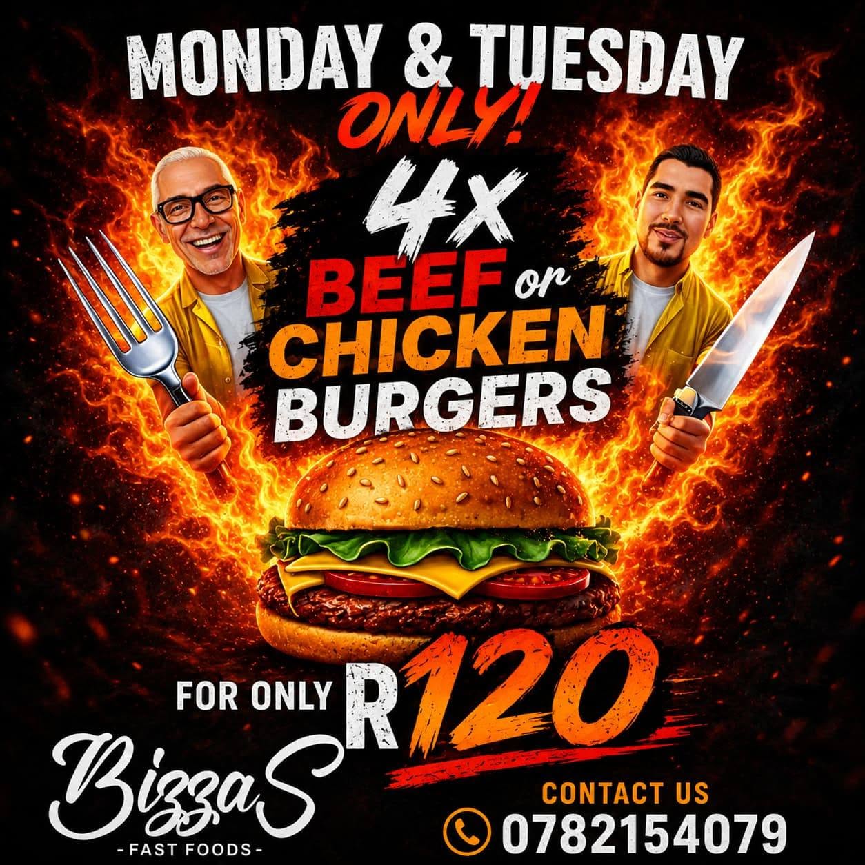 Monday & Tuesday only: 4 beef or chicken burgers for R120