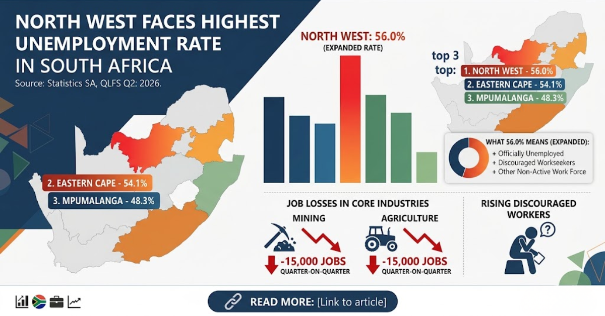 North West Overtakes Eastern Cape with Highest Expanded Unemployment in South Africa (QLFS Q2: 2026)
