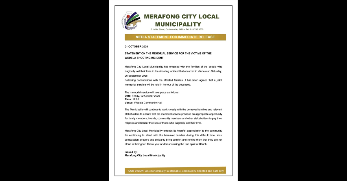 Merafong Announces Joint Memorial Service for Wedela Shooting Victims on Friday